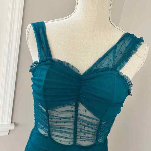 NEW House of Harlow 1960 x Revolve Nola Aquamarine Ruched Dress - Picture 3 of 7